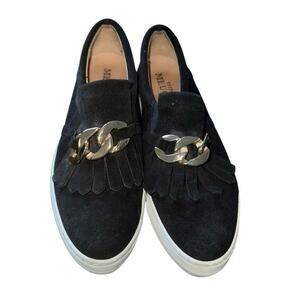 Sesto Meucci Calyce Novel Kiltie Sneakers Black Suede Golden Hardware Size 9